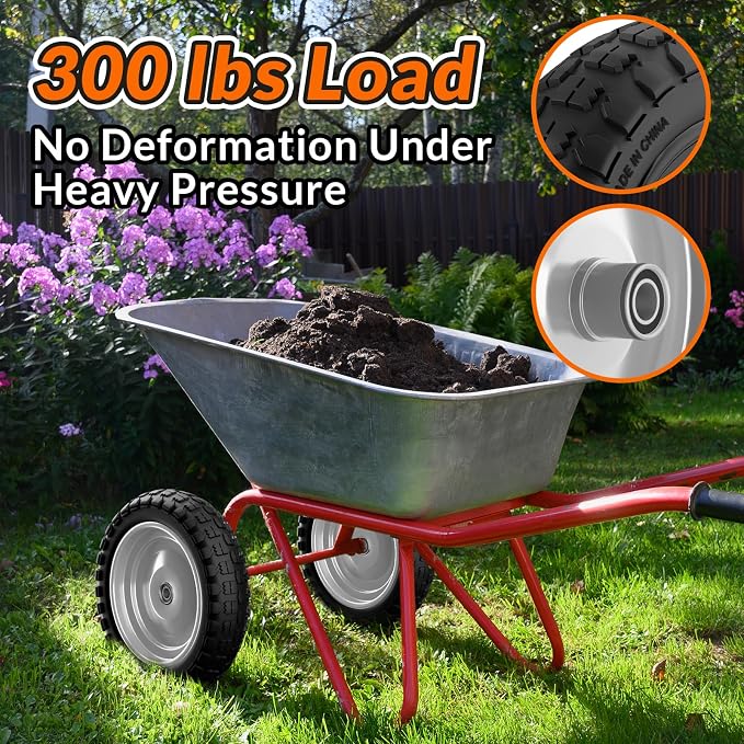 RONPOW 4.00-6 Flat Free Tire and Wheel, 13 Inch Solid Garden Wheelbarrow Tires, 300Lbs with 5/8" & 3/4" Axle Hole, 1"-3.5" Hub for Garden Cart, Wheelbarrow, Hand Truck, for Home Farm, 2Pcs Gray