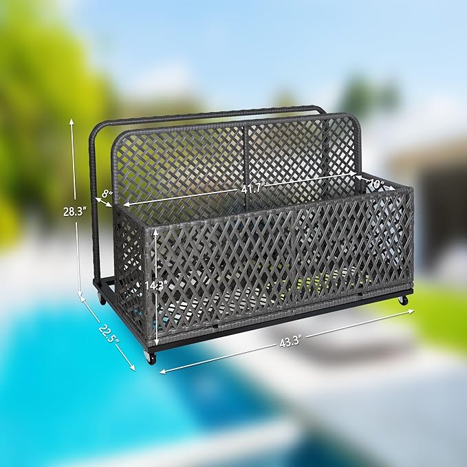 Garvee Pool Float Storage Organizer with Wheels, Outdoor Wicker Pool Storage Bin for Floats & Toys, Rolling Poolside Storage Rack for Patio Backyard Deck Box