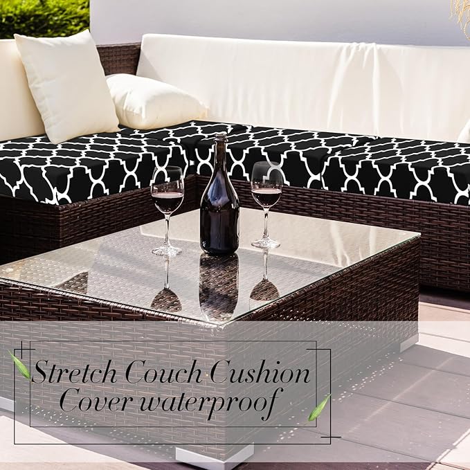 Newwiee 4 Pcs Waterproof Outdoor Cushion Covers for Patio Furniture Stretch Outdoor Couch Cushion Covers Replacement Moroccan Pattern Chair Seat Sofa Slipcovers Soft Flexibility Protector(Black)