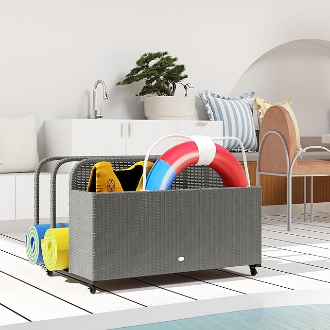 Outsunny Wicker Patio Pool Float Storage Basket, PE Rattan Outdoor Pool Caddy with Rolling Wheels for Floaties, Noodles, Life Vests, Beach Balls, Patio Furniture, Mixed Gray