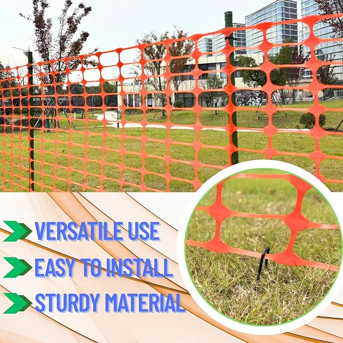 PotatoLife Plastic Mesh Fence, Extra Strength 4'x100' Roll with 50 Zip Ties, Resuable Temporary Netting for Garden Fencing, Snow Fencing, Animal Barrier, Poultry, Deer, Dog, Construction, Orange