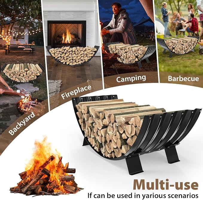 TBMLC 40 inch Diameter Sector Firewood Rack Storage -0.8MM Thick Galvanized Steel with Wave Pattern & 4 Stable Feet, Black Coated for Indoor/Outdoor Wood Storage (3.3FT Diameter)