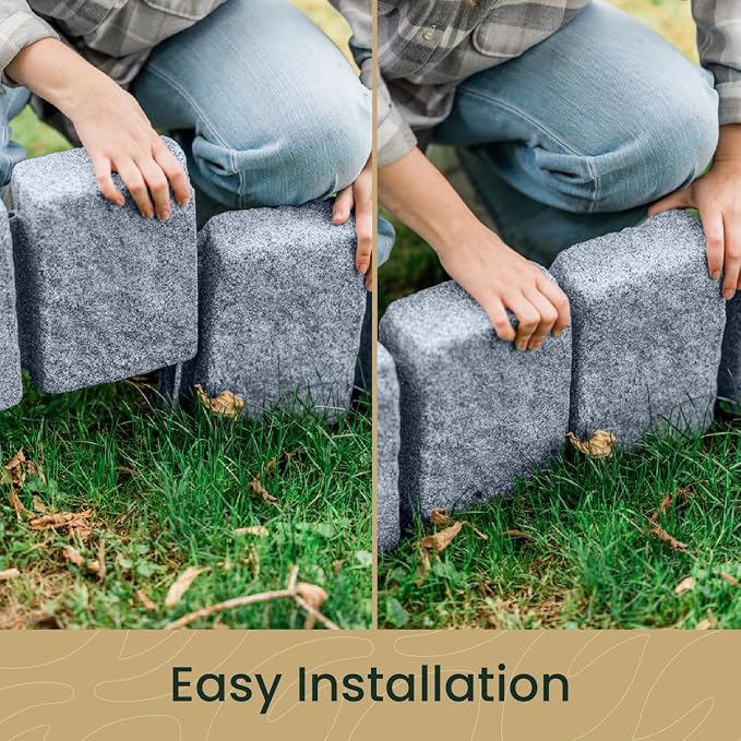 Beuta Landscape Edging | Garden Edging Border | Faux Stone Block XL for Lawn Edging, Flower Beds & Yard Edging – 10 Pack | Each Section Has 6 Blocks 48" L x 4" W x 9.5" H | 30 Spikes | Greystone