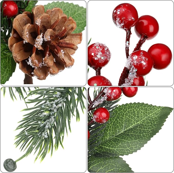 Boao 12 Pcs 11'' Large Christmas Pine Picks Tree Decoration Red Berry Picks and Sprays with Cone Artificial Fake Branches Snowy Floral Flower Holly Pine for Tree Crafts Decor Faux Stem