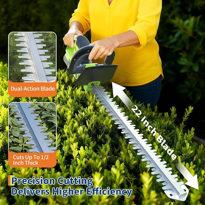 Hedge Trimmer Cordless, 22 Inch Electric Hedge Trimmer, 20V Bush Trimmers with 2 2.0Ah Batteries and Charger, Handheld Electric Trimmers, Lightweight and Easy to Use, for Garden, Horticulture, Lawns