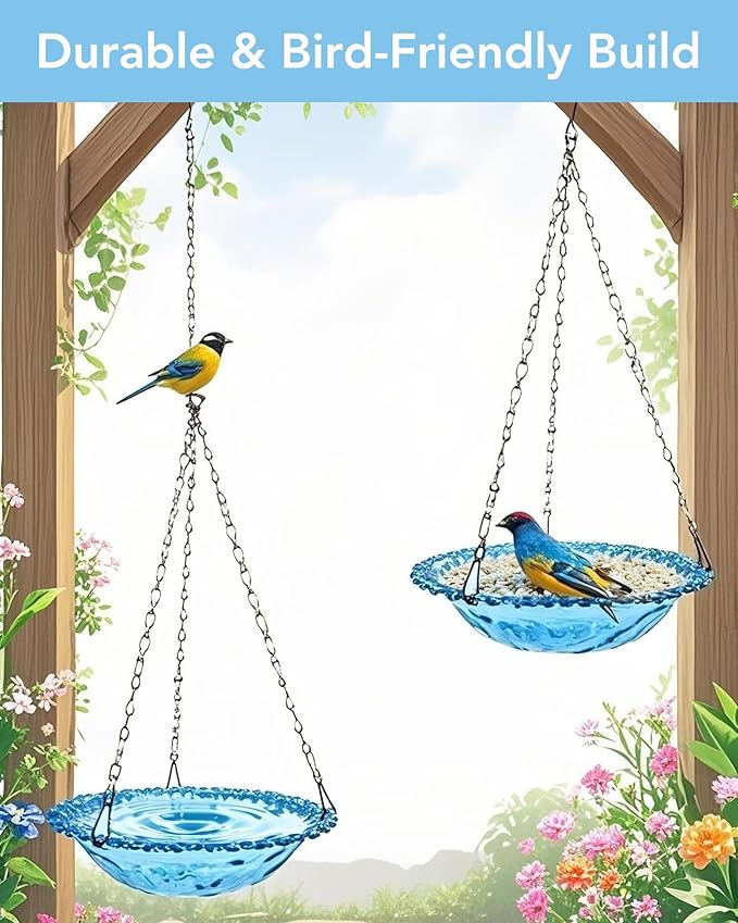 2 Pack Hanging Bird Baths and Feeders for Outdoors, Plastic Bird Bath Bowl & Hanging Feeder for Garden Yard Decor,Nature Blue