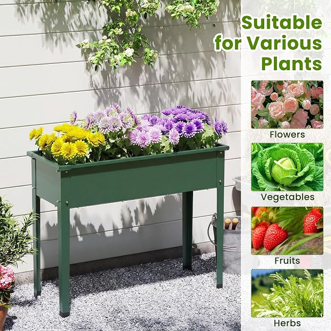 HAPPYGRILL Raised Garden Bed, 31.5” Elevated Planter Box w/Legs, Drainage Hole, Hemming Design, Metal Garden Box for Vegetable Herb, Outdoor Raised Beds for Gardening, Backyard Porch Balcony, Green
