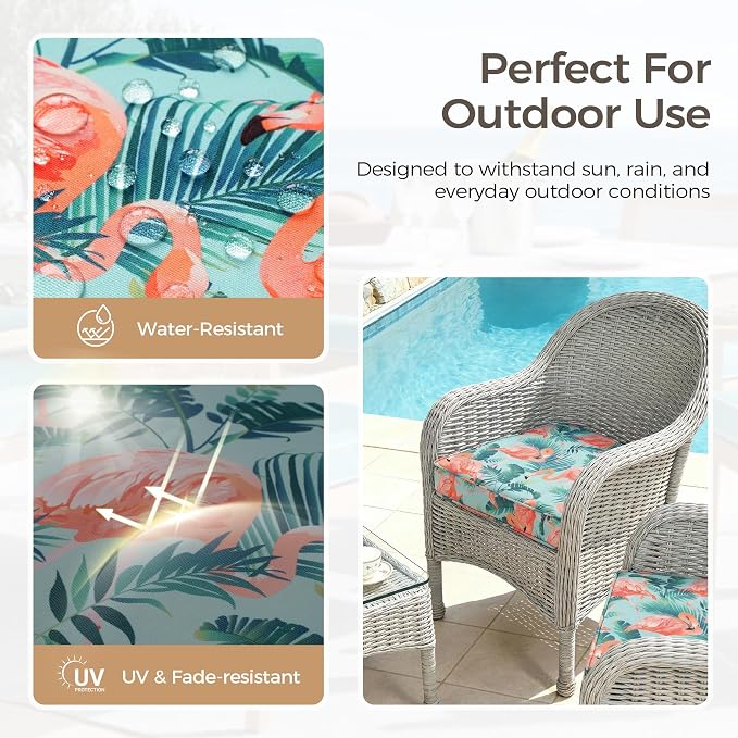 UNIKOME Outdoor Chair Cushions Set of 4, Water Resistant Patio Seat Cushions with Ties for Outdoor Furniture, High-Density Foam, UV & Fade Resistant, Piped Edge – 24" x 24" x 4", Flamingos