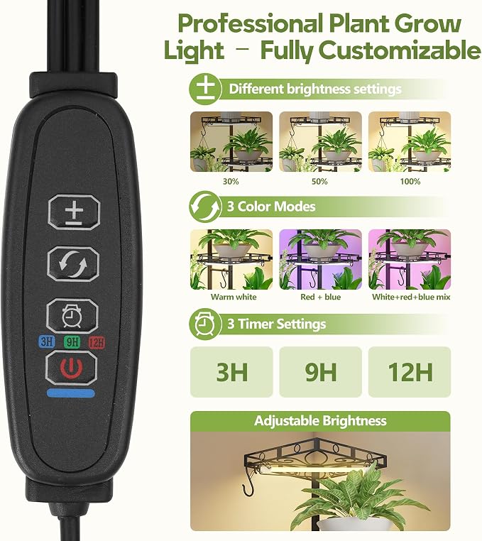 Quikraen 46" Tall Plant Stand Indoor with 2-Head Grow Lights,Multiple Tiers Corner Plant Shelf for Corner,7-Tier Large Metal Flower Holder, Plant Rack for Home Decor, Patio (Black)