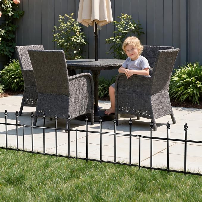 Decorative Metal Garden Fence，(5 Panels+ 6 Posts),Total Iength 7 ft(W) x 11 in(H), Small Metal Border Fence, Classic Roman Column Decoration, Garden and Lawn Landscape Fence, Black Animal Fence