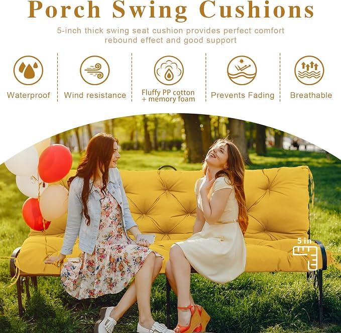 Porch Swing Cushions 60x40 Inch, 5" Extra Thick Waterproof Outdoor Swing Seat Cushion with Backrest & 8 Non-Slip Ties PP Cotton + Memory Foam Fill, Fade-Resistant 3-Seater Replacement for Patio Bench