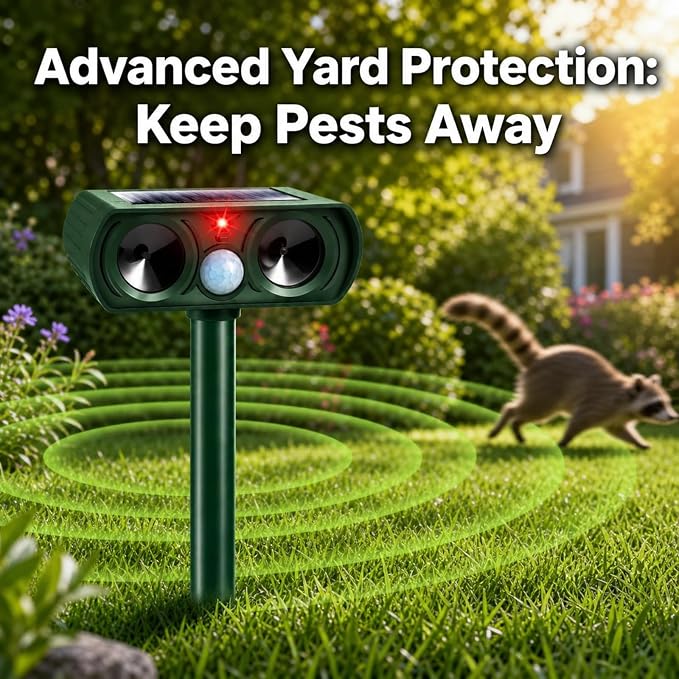 2 Pack Upgraded Solar Animal Repellent Ultrasonic Outdoor for Raccoons,Squirrels,Cats,Rabbits,Skunks & Foxes,Sonic Deer Repellent Devices with Motion Sensor Animal Deterrent Devices for Yard Garden