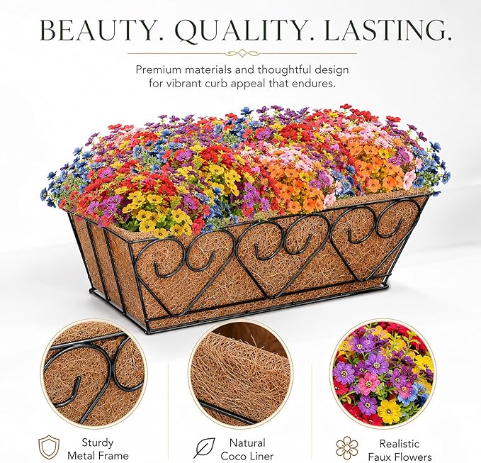 ZeeDix 16 Inch Railing Planter Box with 12 Pack Artificial Fake Flowers | Fake Silk, UV Sun Resistant, Look Real Colorful Flowers for Deck Porch Patio Balcony Garden Home Outdoor Outside Decoration