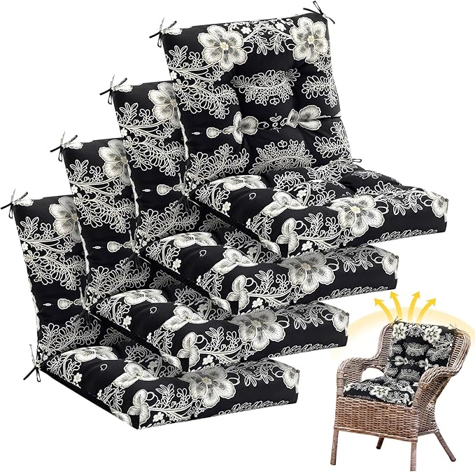 Marsui 4 Pcs Outdoor Indoor High Back Chair Cushions Patio Furniture Tufted Pillow with Ties Water-Resistant Replacement Outdoor Rocking Chair Cushions, 42 x 21 Inches (Black,Flower)