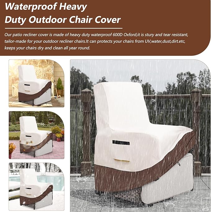Outdoor Recliner Chair Cover,600D Heavy Duty Waterproof Patio Chair Covers,Outdoor Furniture Covers for Lawn/Garden Recliner Chiar,Beige&Brown