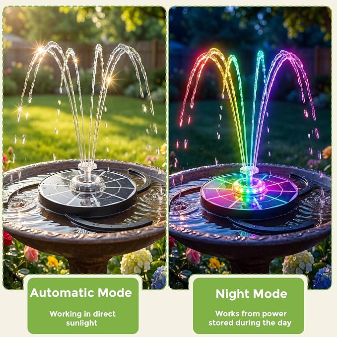 AISITIN 4W Solar Fountain with Lights, Chargeable Solar Bird Bath Fountains Built-in 2200mAh Battery, 2026 Upgrade Glass Panel Solar Water Pump for Bird Bath, Garden, Pond, Pool, Fish Tank, Aquarium