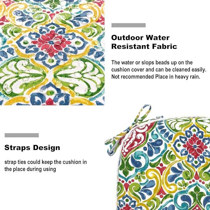 DYTXIII Set of 2 Outdoor Chair Cushions with Ties,Water Repellent Patio Chair Pads 17"x 16" for Outdoor Furniture,Round Corner Seat Cushions for Garden Yard Kitchen Damask Red