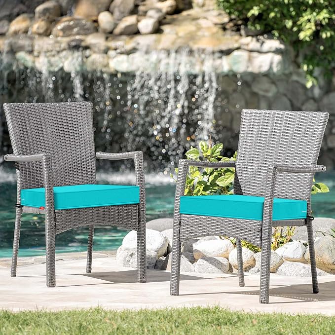 Patio Chair Cushions 24x24 Inch, Water Repellent Outdoor Seat Cushions with Adjustable Straps, Fade Resistant Replacement Cushions for Garden Deck Sofa Couch, Set of 2, Peacock Green