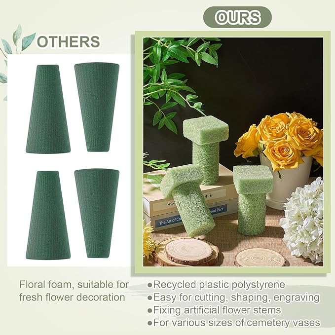 Chunful 4 Pieces Floral Foam Vase Insert 3. 25 x 6 Inch Cemetery Vase Inserts Recycled Floral Foam Cemetery vases for Grave Artificial Flowers Home Florist Headstone Decoration Flower Arrangements