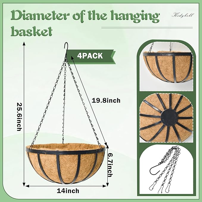 4 Pack 14 Inch Round Hanging Basket with Coco Liners， Metal Hanging Baskets for Plants Outdoor， Hanging Planter with Chain Garden Products for Outdoor, Porch, Lawn, Garden