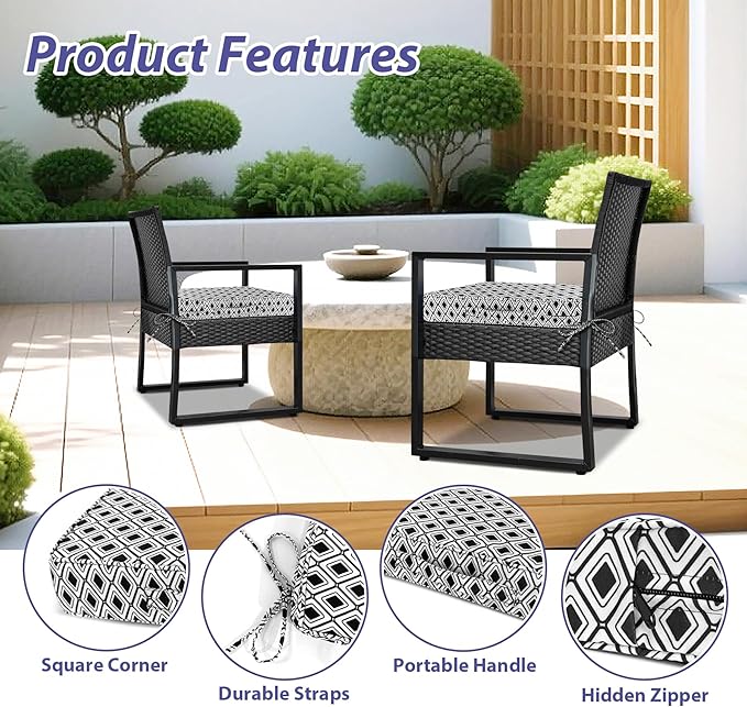 IPYNBAP Outdoor Chair Cushions Set of 4 -Waterproof Outdoor Seat Cushions for Patio Furniture, Patio Chair Cushion with Handle and Ties, Out Door Chair Pads,19x19x3-Square, Black Geometry