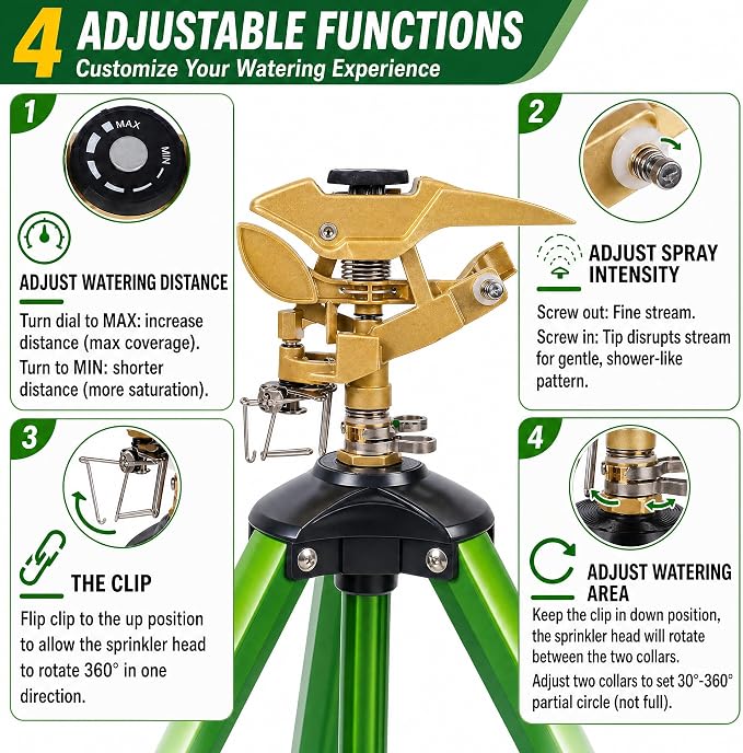 LIULO TOOL Large Impact Sprinkler on Tripod Base, Heavy Duty Zinc Alloy Sprinkler for Yard with Adjustable Head and Extendable Tripod, 360 Full Coverage Irrigation Tool for Lawn Garden