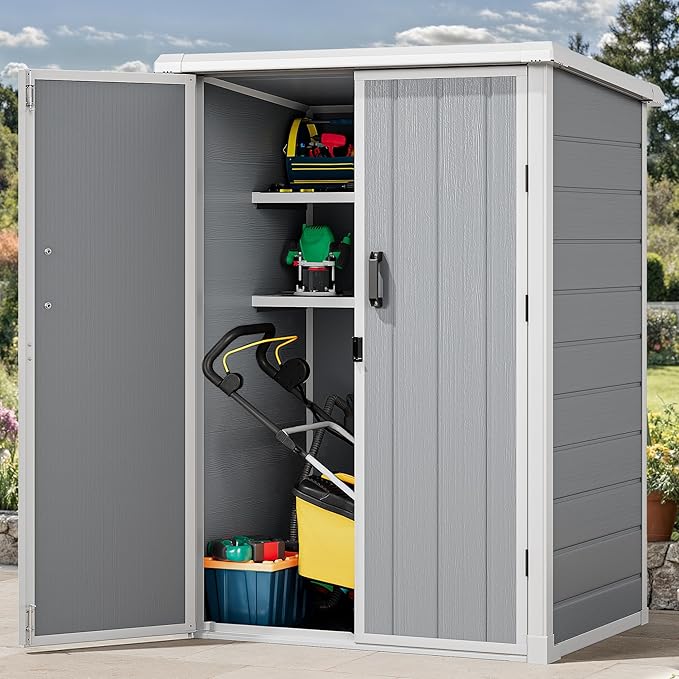 DWVO 60 Cuft Outdoor Tall Storage Shed with 2 Shelves, 5X3FT Vertical Tool Shed with Floor & Lockable Doors, Sturdy Double-Wall Plastic Cabinet for Garbage Cans and Garden Equipment (Gray)