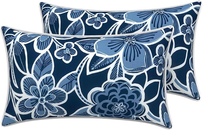 LVTXIII 2 Pack Outdoor Lumbar Pillow Covers 12x20 Inch with Piping, Water-Repellent Back Cushion Covers ONLY for Patio Furniture, Sofa, Garden Bench, Flower Navy