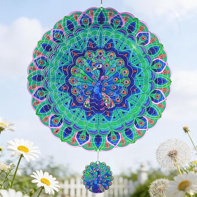 Peacock Wind Spinners Outdoor for Mother's Day, IDEA SHOW 12In Stainless Steel Wind Spinners, 3D Kinetic Hanging Sculpture, Rustproof Metal Garden Decor Ornaments for Yard Art, Women, Men, Holidays