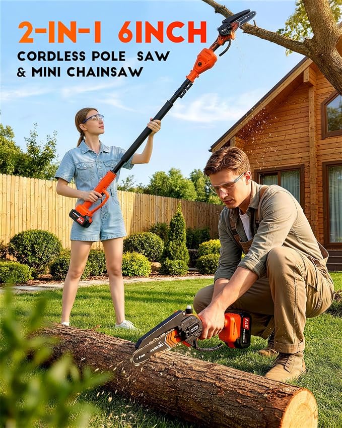 Electric Pole Saws for Tree Trimming, 2-in-1 Mini Chainsaw & Pole Saw, 6-in Electric Chainsaw Cordless with Extendsion Pole, 2x4000mAh Li Batteries & Charger, 16FT Max Reach