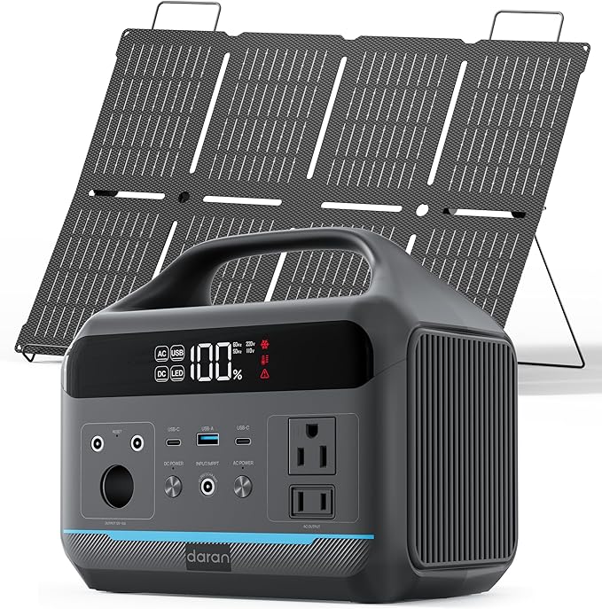 DARAN Portable Power Station 600W with 80W Solar Panel, 288Wh LiFePO4 Solar Generator, Dual AC Outlets, 100W USB-C PD, Fast Recharge for Camping, RV, Power Outage, Emergency Backup