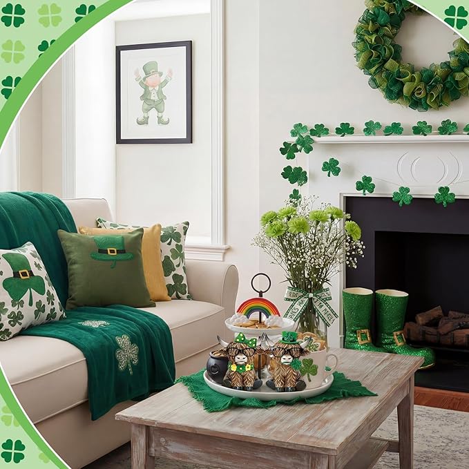 Simgoing 2 Pack St Patrick's Day Highland Cow Figurines Irish Shamrocks Gnomes Resin Leprechaun Green Highland Cow Statue Scottish Calf Lovers Gifts Table Decor for Home Office Garden Kitchen