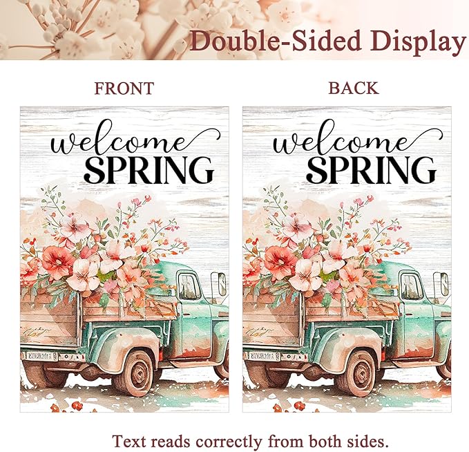 Spring Garden Flags 12"x18" Double Sided Welcome Spring Floral Truck, Burlap Spring Yard Flag for Outdoor Garden Porch Decor