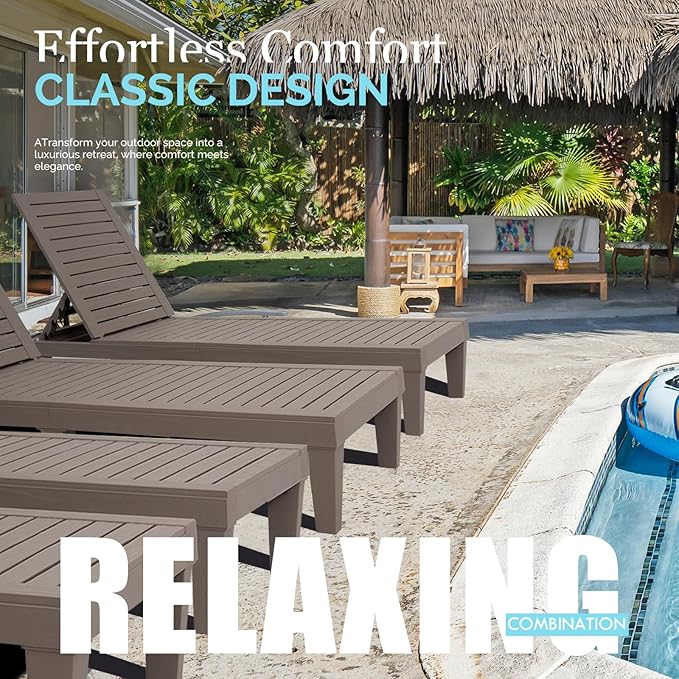 DIMAR GARDEN Outdoor Chaise Lounge,Resin Pool Lounge Chair Waterproof Recliner, Taupe