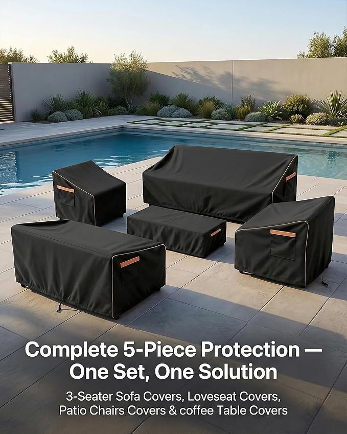 Patio Furniture Cover Set, 5-Piece Outdoor Furniture Cover Waterproof, 600D Heavy-Duty Lawn Patio Set Covers UV-Resistant Outdoor Protection for Sofa, Loveseat, Chairs & Coffee Table, All-Season,Black
