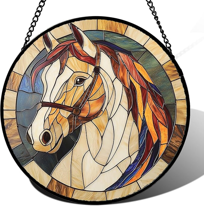 DASTOLL Stained Glass Window Hanging, Animal Horse Colored Mane Sun Catchers Glass Panel Cool Suncatcher Decor for Birthday for Women, Men, Wife, Aunt, and Mom 14.9x14.9 in