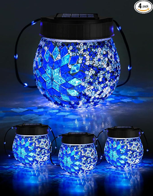 Mosaic Solar Lights Outdoor 4 Pack, Solar Hanging Lanterns Christmas Halloween Gifts for Women Mom Grandma, Waterproof Glass Globe Lights, Garden Patio Decor for Yard, Tree, Balcony, Cold