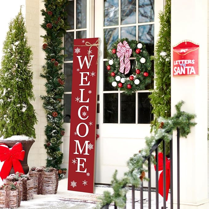 Christmas Porch Sign Welcome Sign For Front Porch Snowflake Red Home Decor Indoor Outdoor Wintern Wooden Vertical Sign For Patio Front Door Porch Wall Yard Outdoor