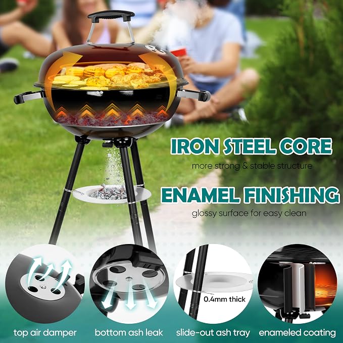 HaSteeL 18 Inch Charcoal Grill, Black Kettle Outdoor Barbecue Grill, 2-In-1 Portable BBQ Grill with Wheels for Camping Backyard Patio Picnic, Porcelain-Enameled Lid & Fire Bowl, 254.SQ.IN Cooking Area