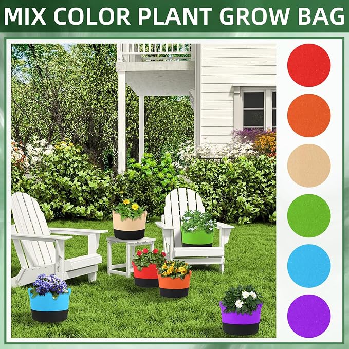 12 Pack 10 Gallon Grow Bags Colorful Fabric Plant Pots with Handles 10 Gal Garden Grow Bags Fabric Grow Pots Plant Growing Bags Vegetable Planting Bags for Garden and Outdoor (10 Gallon)