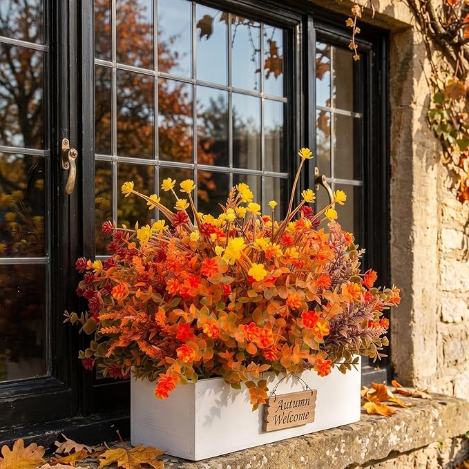 Hananona 24 Pcs Artificial Fall Flowers Outdoor, Faux Artificial Plants UV Resistant Plastic Autumn Flower for Hanging Planter Front Door Porch Window Home Decor (24, Orange)