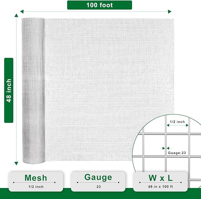 Hardware Cloth 1/2 Inch 48 x 100 ft 19 Hot - Dipped Galvanized After Welding. Ideal for Chicken, Rabbit, Snake Cages and Fencing