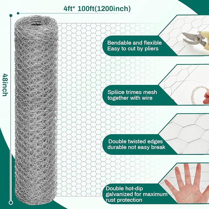 GlikCeil 48 in x 100 ft Chicken Wire Fencing Mesh, Metal Floral Chicken Wire for Floral Arrangements, 0.6 Inch Hexagonal Galvanized Poultry Netting for Garden, Coop Barrier, Duck Rabbit Cage(Silver)