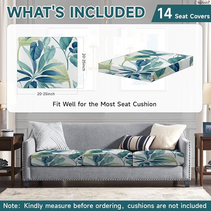 CALBODE 14 Pcs Stretch Outdoor Seat Cushion Covers, Botanical Chair Seat Cover for Patio Furniture Cushions Washable Reusable Indoor and Outdoor Couch Cover Replacement (Blue Leaves, Cover Only)