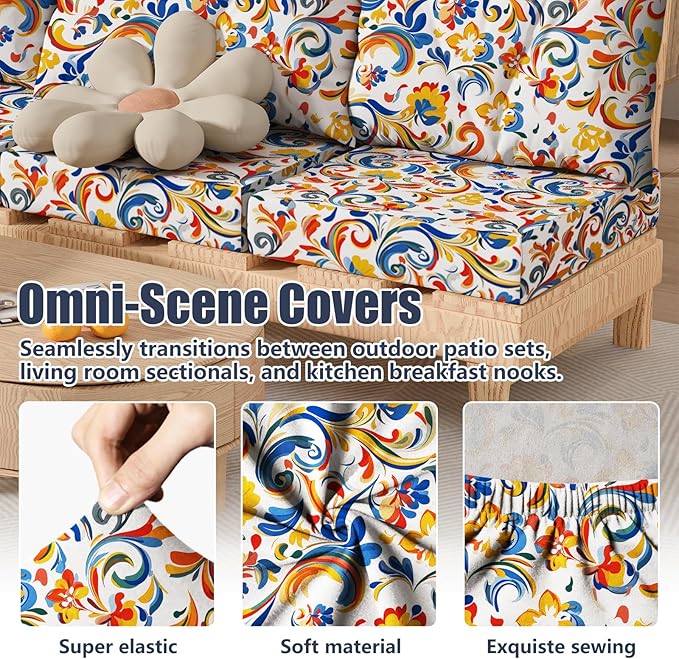 14Pcs Patio Stretch Cushion Covers, Outdoor Couch & Sofa Replacement Slipcovers for Patio Furniture Cushion Covers, Washable Reusable Furniture Protector, Square Large, Painting