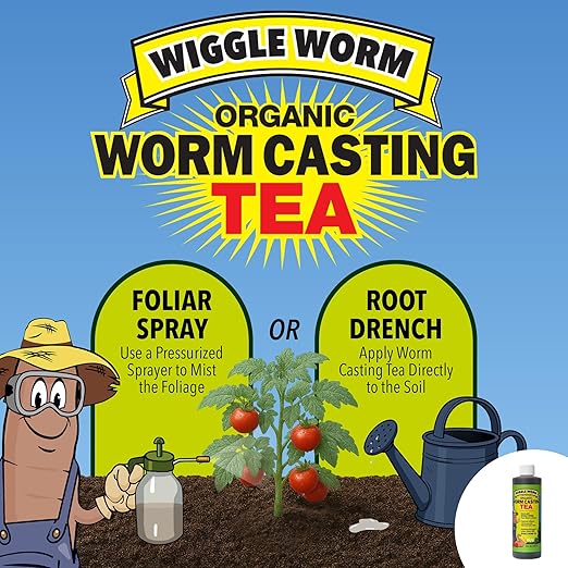 Wiggle Worm Combo Package – 8oz Organic Pure Worm Casting Tea Fertilizer Concentrate and 40lbs Worm Egg Material Raised Bed Mix Plus for Planting and Fertilization of Indoor and Outdoor Plants