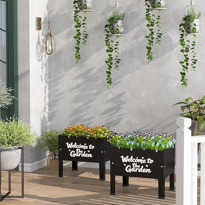 aboxoo 14 inch Spray-Painted Style Planter Raised Beds with Legs Outdoor Small Metal Planter Box Elevated Garden Bed for Vegetables Flower Herb Patio(Black)