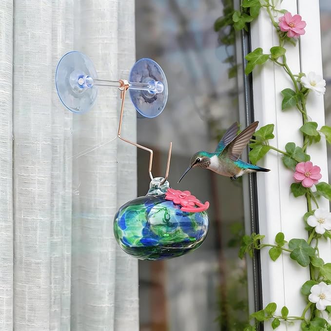 QFkris Blown Glass Hummingbird Feeder with Suction Cups for Window, Small Hummingbird Feeder with Flower Feeding Ports for Outside Garden Backyard Decor, Gifts for Women Mom(Green)