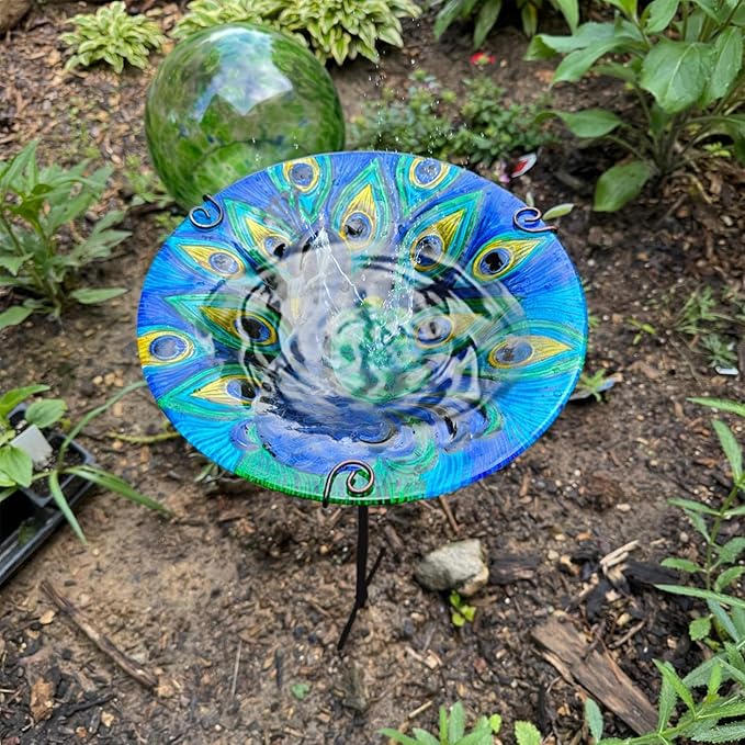 Peacock Bird Bath for Outside Glass Birdbath Bowl & Birdfeeder with Metal Stake for Garden, Yards Lawn Patio, Bird Lovers Gift 10.5" D