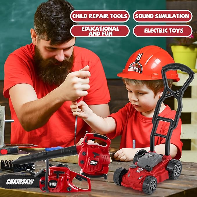 Arrowbash 4 Pcs Toy Gardening Tool Set for Kids Toy Leaf Blower Chainsaw Hedge Trimmer Push Lawn Mower Battery Play Set Christmas Birthday Party Gift for Boys Girls
